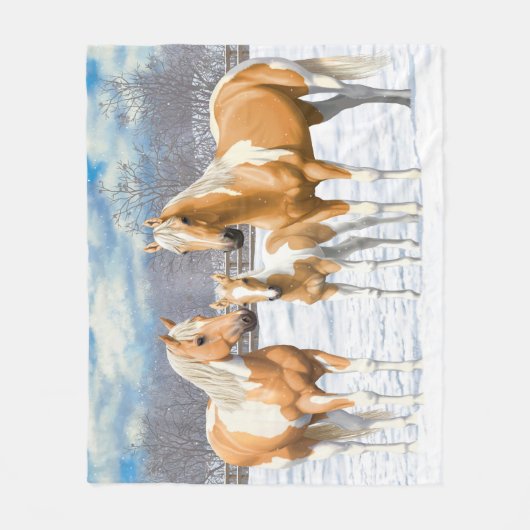 Palomino Pinto Paint Quarter Pferde im Schnee Fleecedecke (Vorderseite)