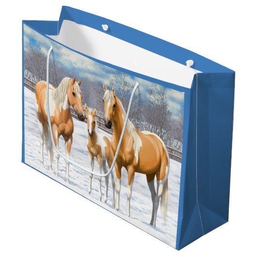 Palomino Pinto Paint Quarter Pferde im Schnee Große Geschenktüte (Vorderseite Schrägansicht)
