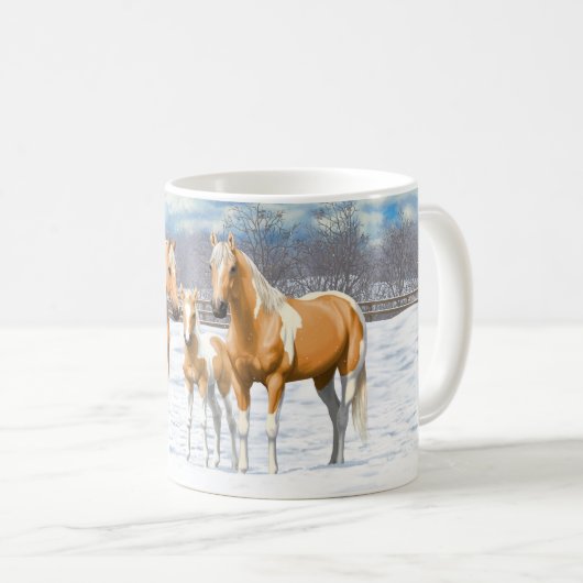 Palomino Pinto Paint Quarter Pferde im Schnee Kaffeetasse (VorderseiteRechts)