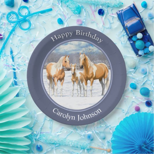 Palomino Pinto Paint Quarter Pferde im Schnee Pappteller (Party)