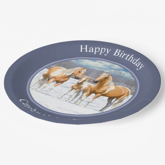 Palomino Pinto Paint Quarter Pferde im Schnee Pappteller (Schrägansicht)