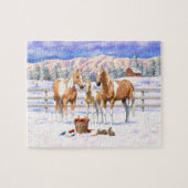 Palomino Pinto Paint Quarter Pferde im Schnee Puzzle (Horizontal)