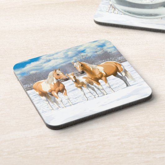 Palomino Pinto Paint Quarter Pferde im Schnee Untersetzer (Linke Seite)