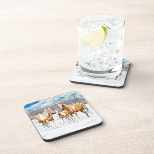 Palomino Pinto Paint Quarter Pferde im Schnee Untersetzer (Rechte Seite)