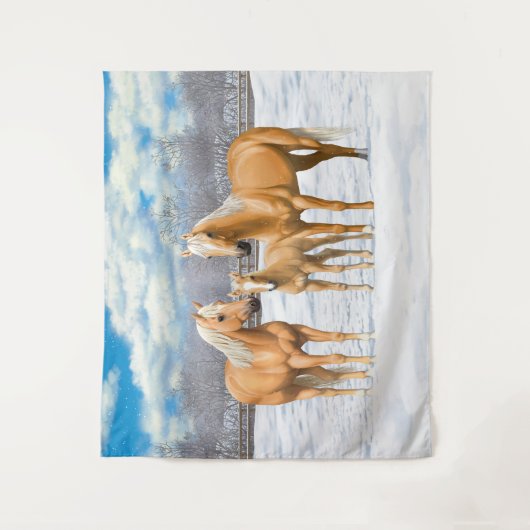 Palomino Quarter Pferde im Schnee Wandteppich (Vorderseite)