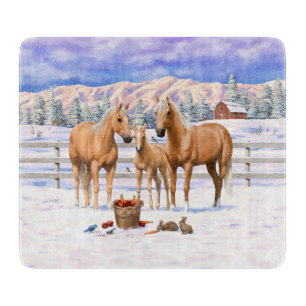 Palomino Viertel Pferde im Winter Schnee Schneidebrett