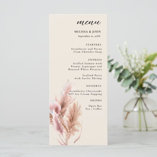 Pampa Grass Boho Wedding Menu Menükarte (Stehend Vorderseite)