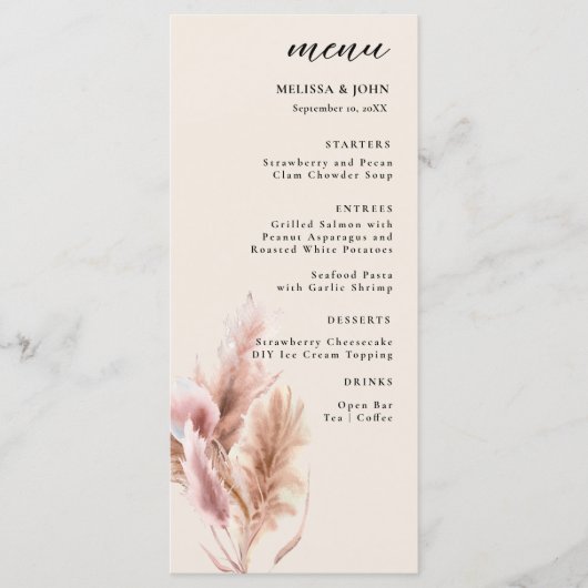 Pampa Grass Boho Wedding Menu Menükarte (Vorderseite)