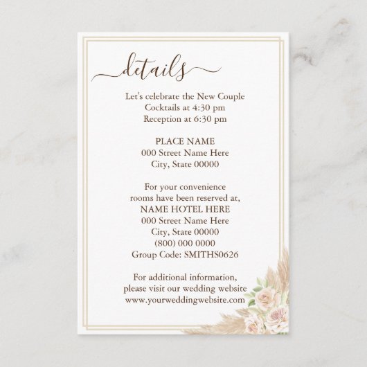Pampa Grass Floral Wedding Details Card Begleitkarte (Vorderseite)