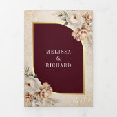 Pampas Beige Earthy Floral Burgundy Wedding Dreifach Gefaltete Einladung (Cover)