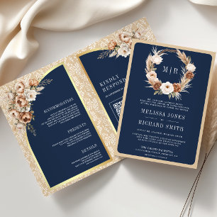 Pampas Beige Erdiges Florales Navy Blau Hochzeit Einladung