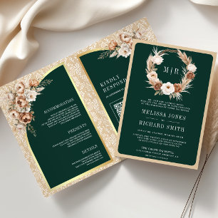 Pampas Beige Erdiges Florales Smaragdgrün Hochzeit Einladung