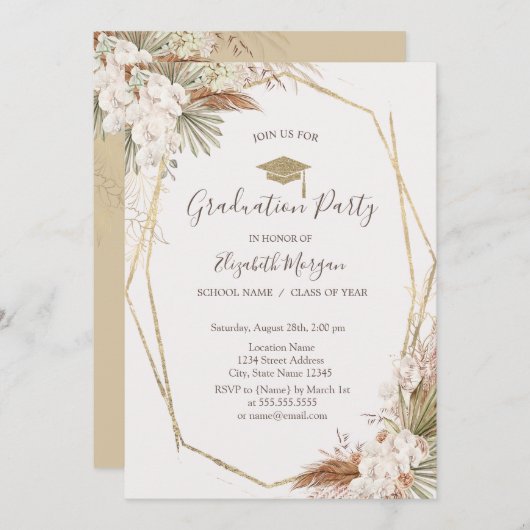 Pampas Blume, Grad Cap, Abschluss Einladung (Vorne/Hinten)