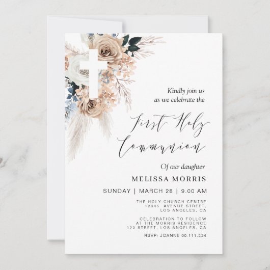 Pampas Blumenkreuz erste heilige Kommune Einladung (Vorderseite)
