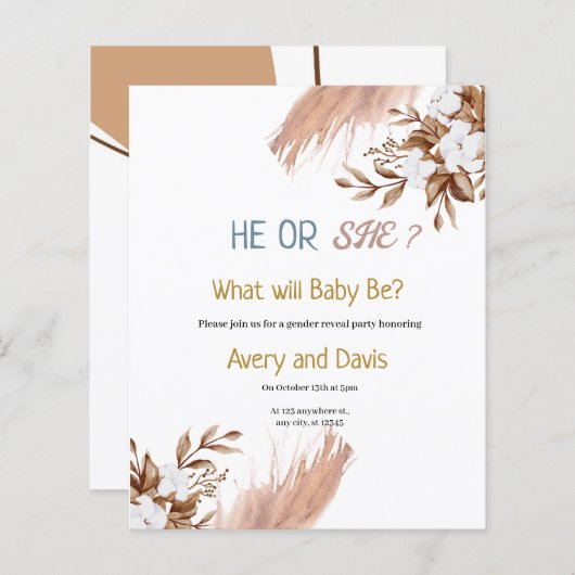 Pampas Boho Grass Gender Reveal Party Einladung (Vorne/Hinten)