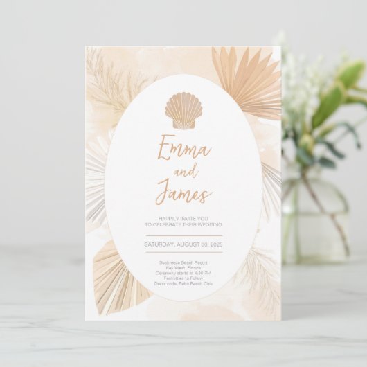 Pampas Boho Palm Ocean Wedding Einladung (Stehend Vorderseite)