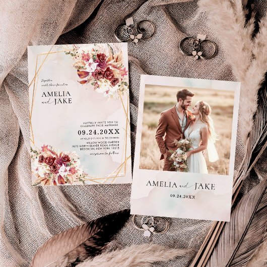 Pampas Burgundy Floral Geometric Wedding Einladung