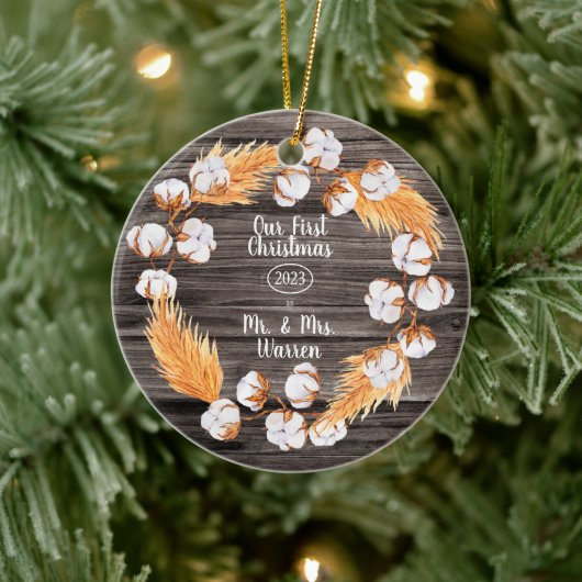 Pampas | Cotton Our First Christmas Mr.| Mrs. Foto Keramik Ornament (Baum)