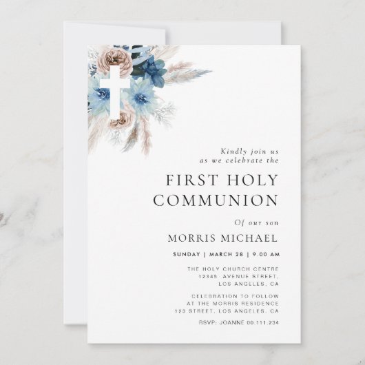 Pampas-Dusty-Blue-Erstkommunion Einladung (Vorderseite)