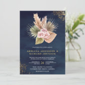 Pampas Dusty Pink Roses Navy Blue QR Code Hochzeit Einladung (Stehend Vorderseite)