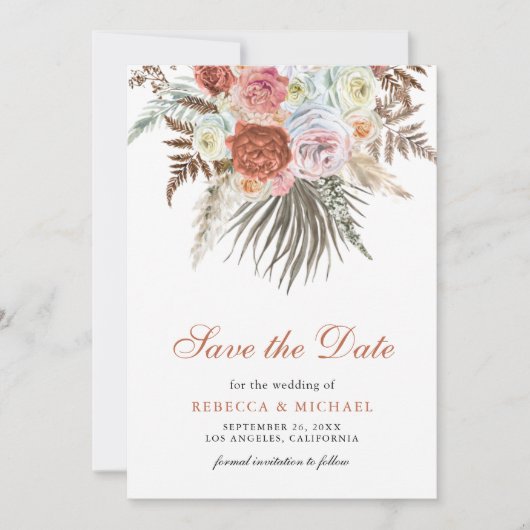Pampas Earthy Floral Terracotta Wedding Foto Save The Date (Vorderseite)