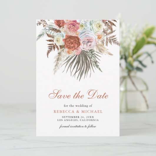 Pampas Earthy Floral Terracotta Wedding Foto Save The Date (Stehend Vorderseite)