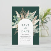Pampas Eucalyptus Arch Emerald Green Wedding Save The Date (Stehend Vorderseite)