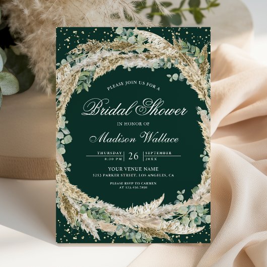 Pampas Eucalyptus Wreath Emerald Bridal Shower Einladung