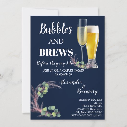 Pampas & Eukalyptus Bubble & Brews Paare Einladung (Vorderseite)