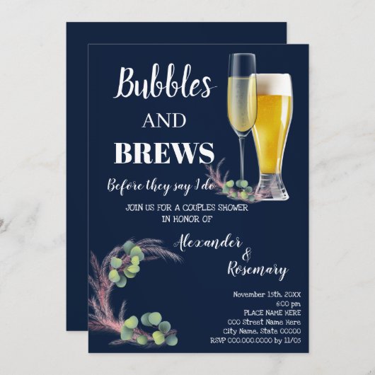 Pampas & Eukalyptus Bubble & Brews Paare Einladung (Vorne/Hinten)
