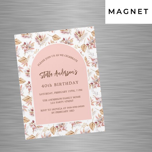 Pampas Gras Blume Rose Gold Luxus Geburtstag Magneteinladung