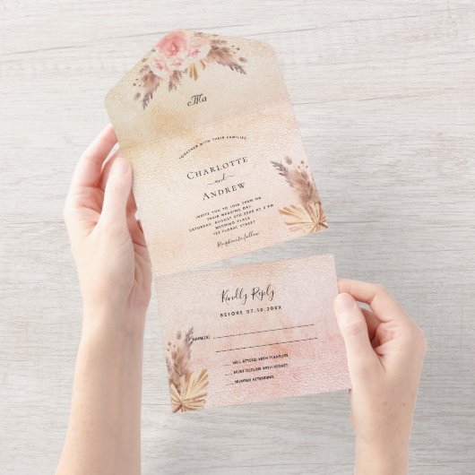 Pampas Gras Blush Rose Rosa Blumen Hochzeit All In One Einladung (Abreißen)