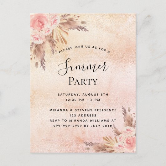 Pampas Gras Blütenflorchen Sommer Party im Freien Einladungspostkarte (Vorderseite)