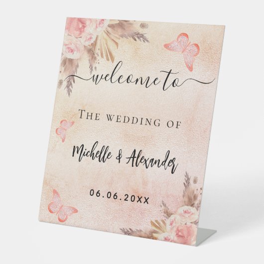 Pampas Gras Blütenschmetterlinge begrüßen Hochzeit Sockelschild (Vorderseite)