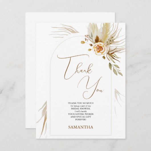 Pampas Gras boho elegantes Brautparty Dankeskarte (Vorne/Hinten)