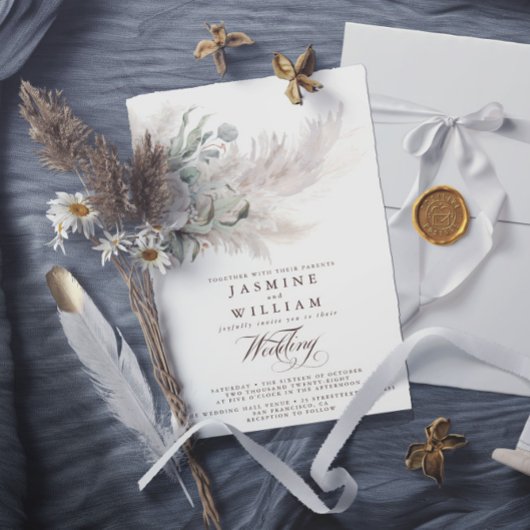 Pampas Gras Boho-Hochzeit mit QR-Code zum kleinen  Einladung