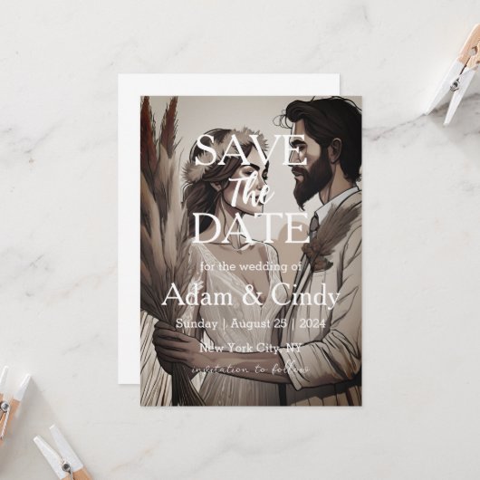 Pampas Gras boho speichern Daten Einladung (Vorderseite/Rückseite Beispiel)