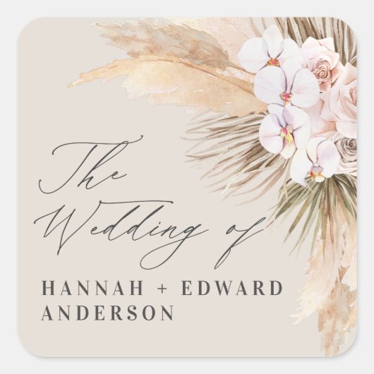 Pampas Gras getrocknete botanische Drehbuch Hochze Quadratischer Aufkleber (Vorderseite)