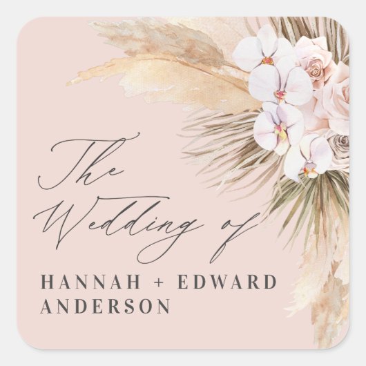 Pampas Gras getrocknete botanische Drehbuch Hochze Quadratischer Aufkleber (Vorderseite)