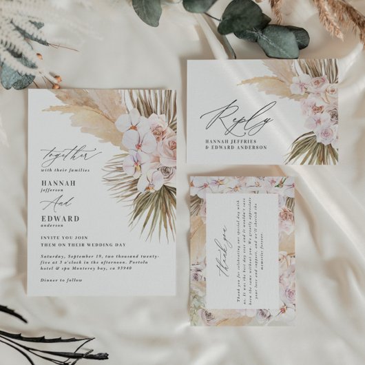 Pampas Gras Moderne botanische Böhmische Hochzeit Dankeskarte