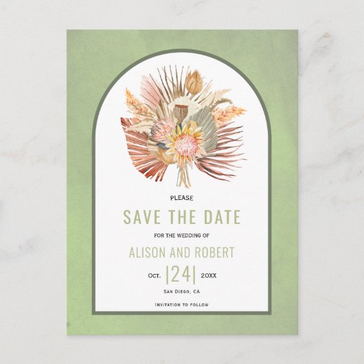 Pampas Gras, Palmen Blätter Salbei Save the Date Postkarte (Vorderseite)