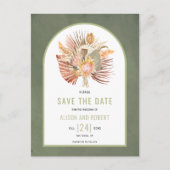 Pampas-Gras, Palmen-Blätter Save the Date grün Postkarte (Vorderseite)