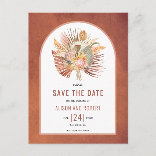 Pampas Gras, Palmen Blätter Save the Date Postkarte (Vorderseite)