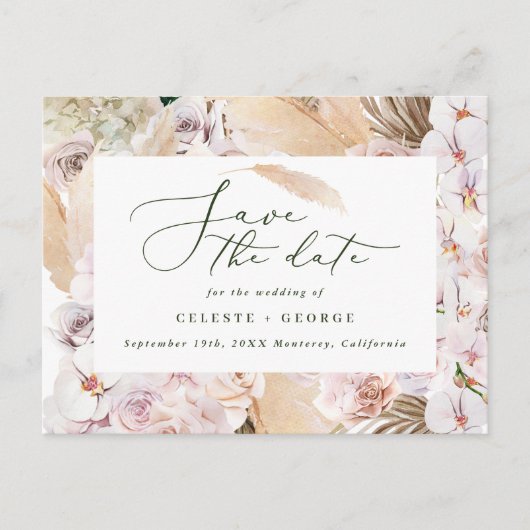 Pampas gras palmenblättrig orchid moderne rustikal ankündigungspostkarte (Vorderseite)