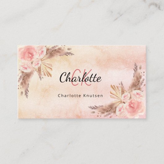 Pampas Gras Rosa Flora Monogramm QR Code Visitenkarte (Vorderseite)