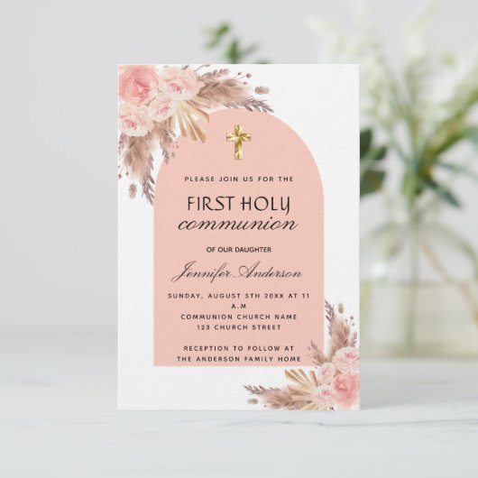 Pampas Gras Rose Blush erste Kommunion Luxus Einladung (Stehend Vorderseite)
