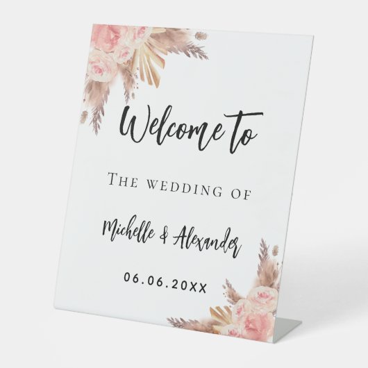Pampas Gras Rose Gold Blume willkommen Hochzeit Sockelschild (Vorderseite)