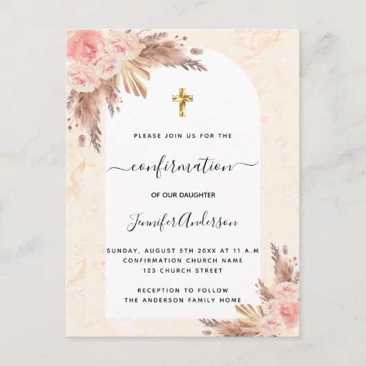 Pampas-Gras-Rose Goldmarmor Einladungspostkarte (Vorderseite)