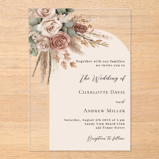 Pampas-Gras-Rose-Hochzeit Acryleinladungen (Vorderseite)
