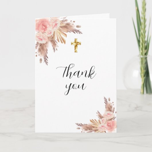 Pampas Gras Rosengarten Goldfloralen Foto Taufe Dankeskarte (Vorderseite)